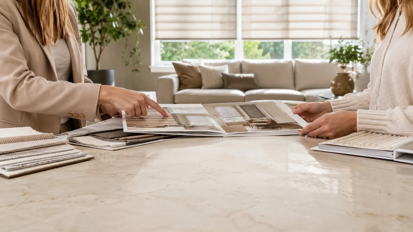 In-home consultation for custom blinds with fabric samples