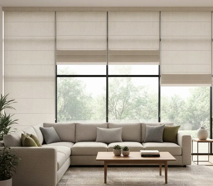 Custom Roman blinds in a bright modern living room