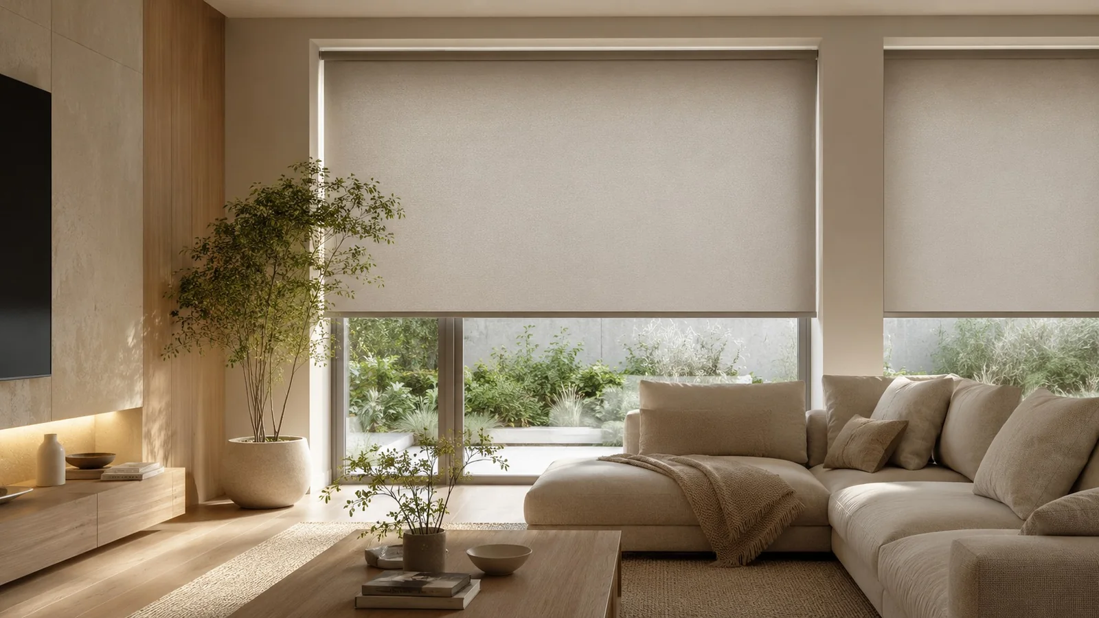 Modern living room with custom neutral roller blinds