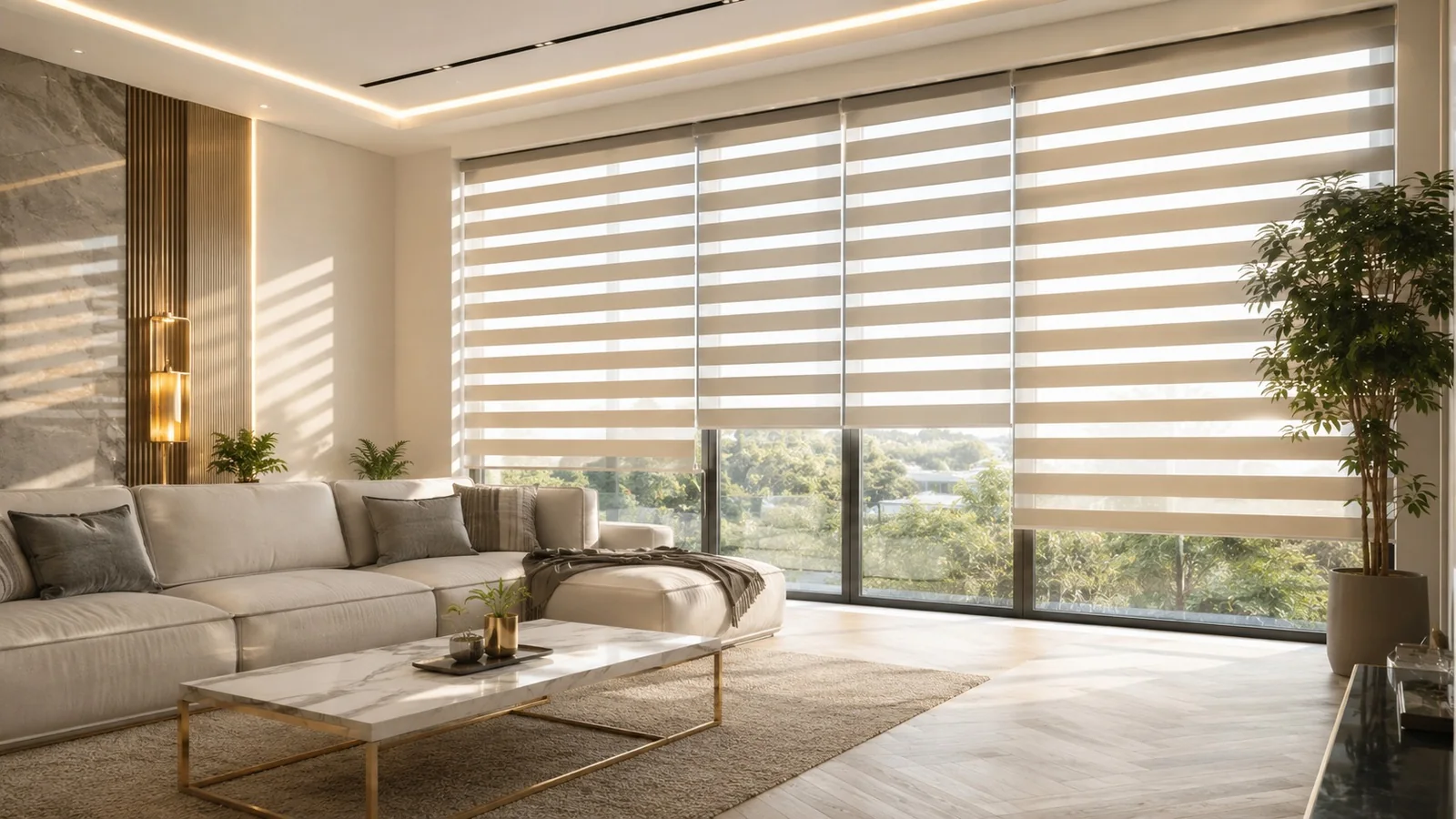 Large zebra blinds in a premium living room